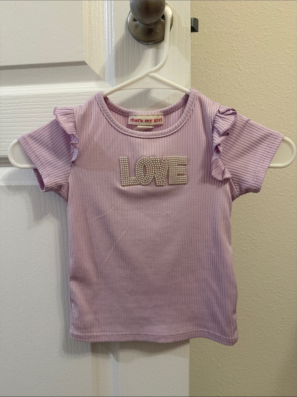 Lilac Ruffle Sleeve Tee with Pearl LOVE Applique